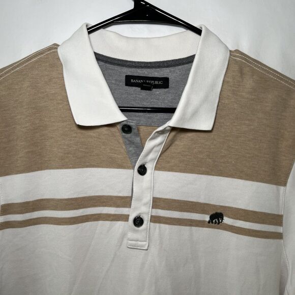 Banana Republic Polo Shirt Mens Size Large White Tan Gray Colorblock Elephant - Picture 2 of 12